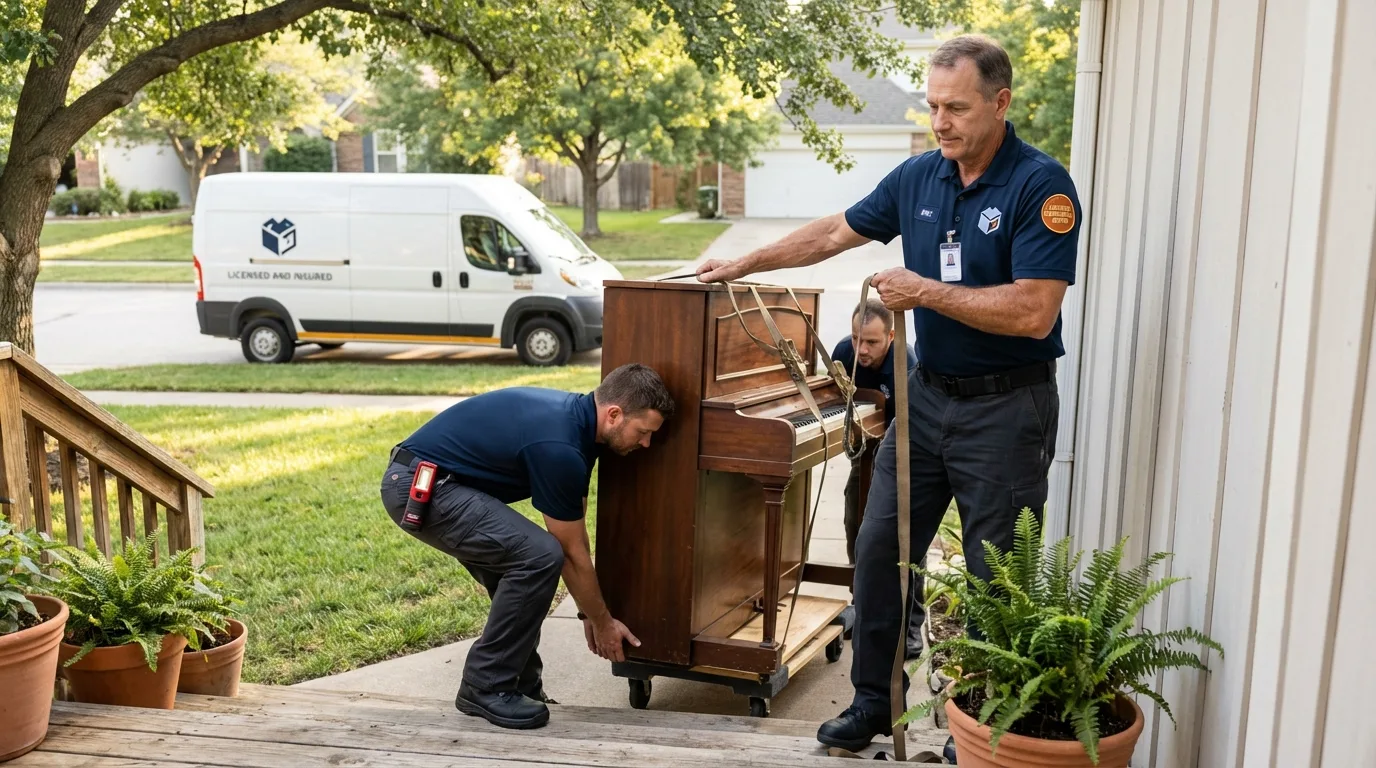 Licensed piano movers securing grand piano in Tracy, MN