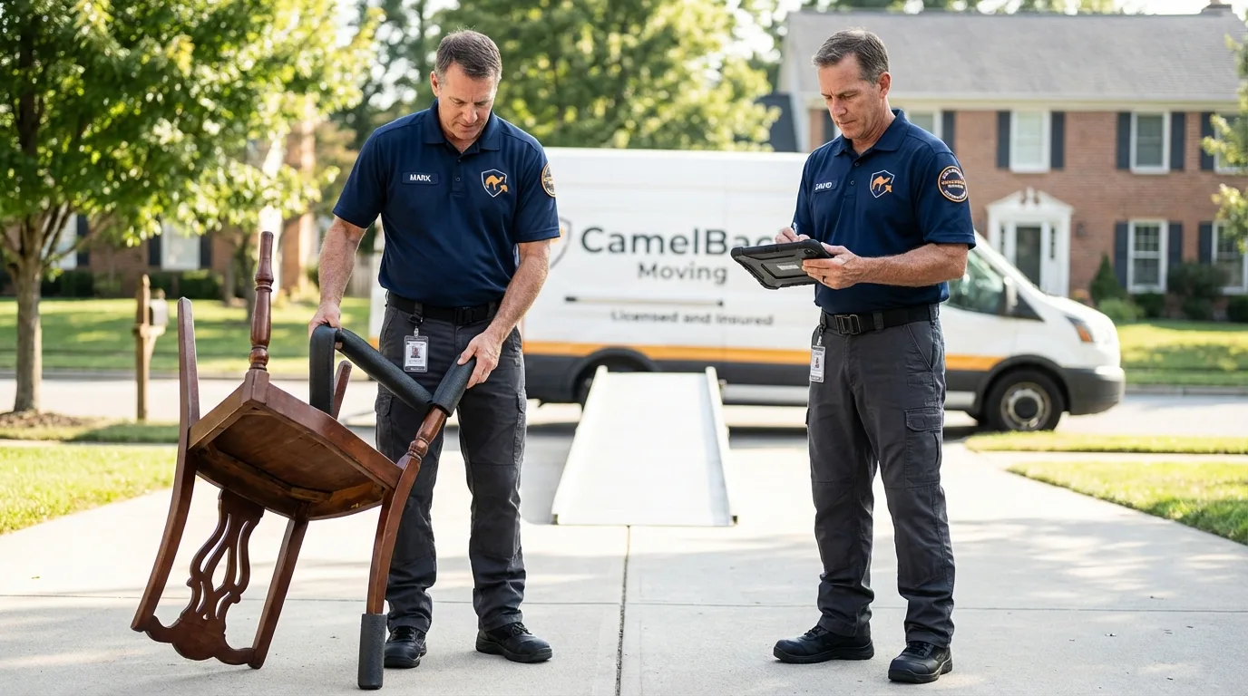 Movers inspecting furniture for damage prevention before loading in Tracy, MN