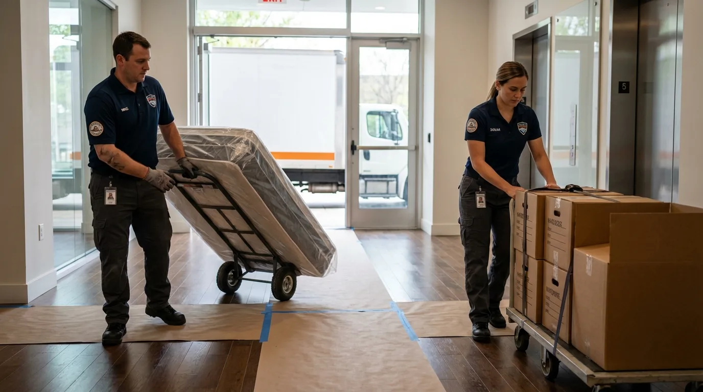 Professional apartment movers loading elevator in Tracy, MN